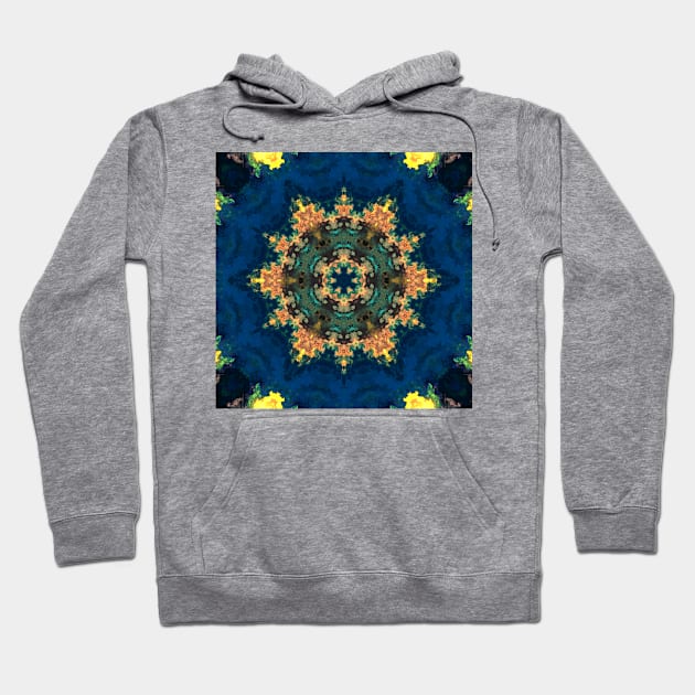 Psychedelic Kaleidoscope Yellow Blue and Green Hoodie by WormholeOrbital